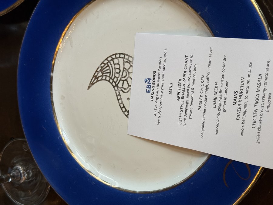 EBM Baking Bonds — corporate dinner menu card
